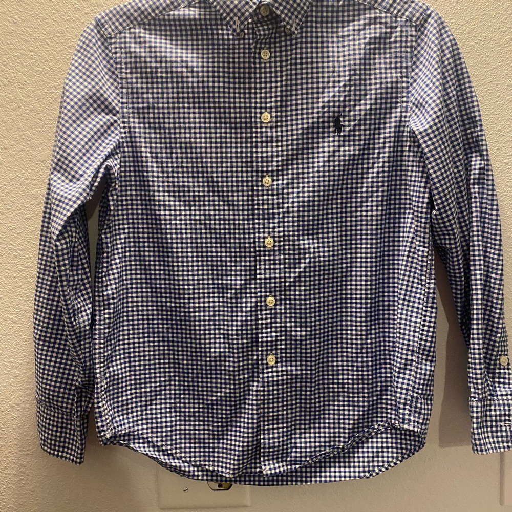 Ralph Lauren Button Down‎ Kids M(10-12) Blue Gingham Excellent Natural Stretch